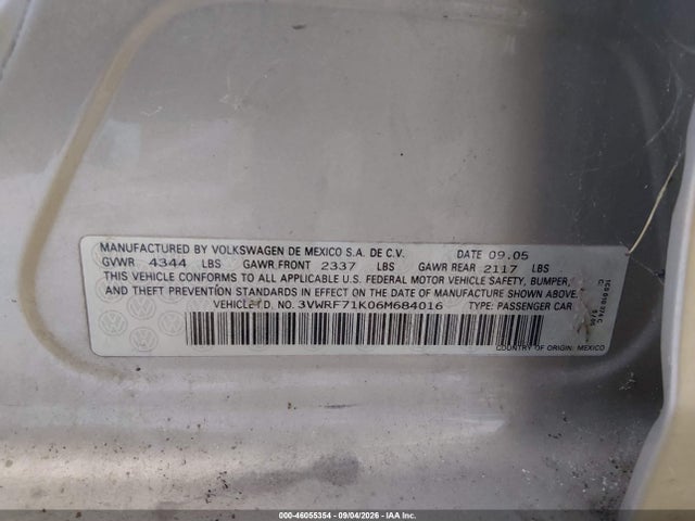 2006 Volkswagen Jetta 2.5 მანქანა იყიდება აუქციონზე, vin: 3VWRF71K06M684016, აუქციონის ნომერი: 46055354