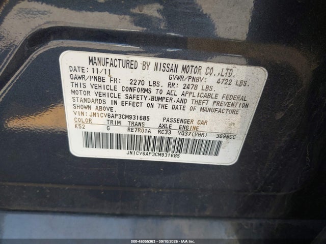 46055363 :رقم المزاد ، JN1CV6AP3CM931685 vin ، 2012 Infiniti G37 Journey مزاد بيع