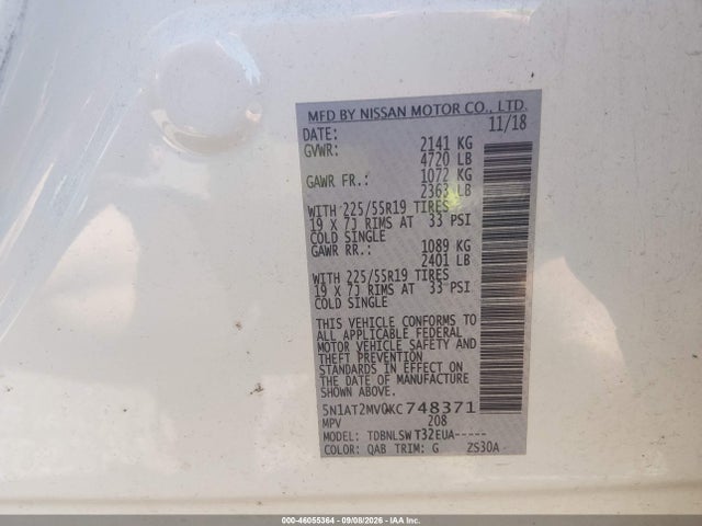 2019 Nissan Rogue Sl მანქანა იყიდება აუქციონზე, vin: 5N1AT2MV0KC748371, აუქციონის ნომერი: 46055364
