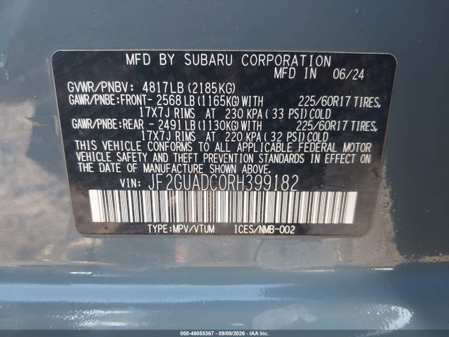 Aukcja sprzedaży 2024 Subaru Crosstrek Premium, vin: JF2GUADC0RH399182, numer aukcji: 46055367
