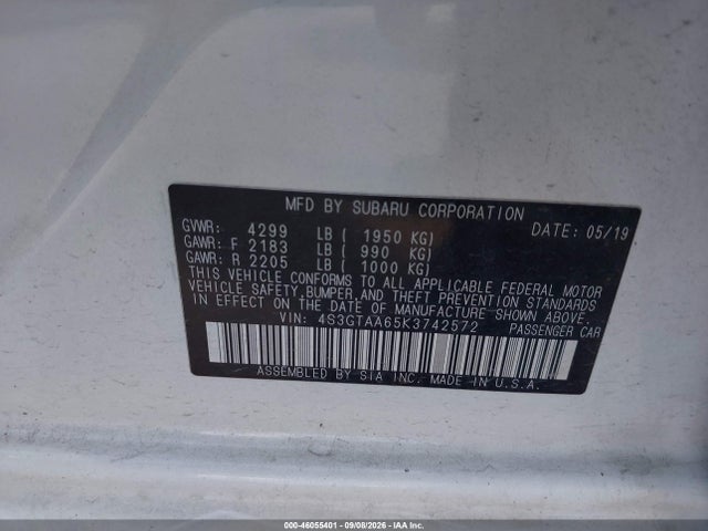 2019 Subaru Impreza 2.0i მანქანა იყიდება აუქციონზე, vin: 4S3GTAA65K3742572, აუქციონის ნომერი: 46055401
