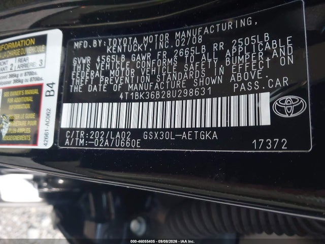 46055405 :رقم المزاد ، 4T1BK36B28U298631 vin ، 2008 Toyota Avalon Xls مزاد بيع