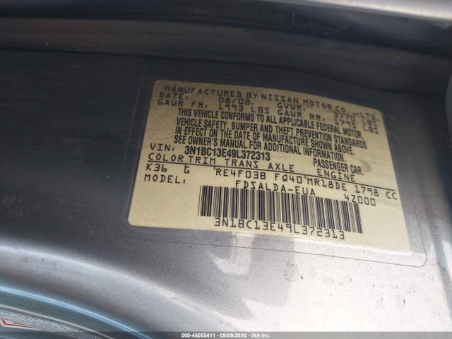2009 Nissan Versa 1.8s მანქანა იყიდება აუქციონზე, vin: 3N1BC13E49L372313, აუქციონის ნომერი: 46055411