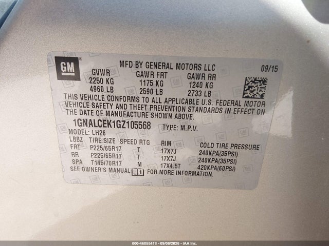 Chevrolet EQUINOX LT 2016 1GNALCEK1GZ105568 Image 9