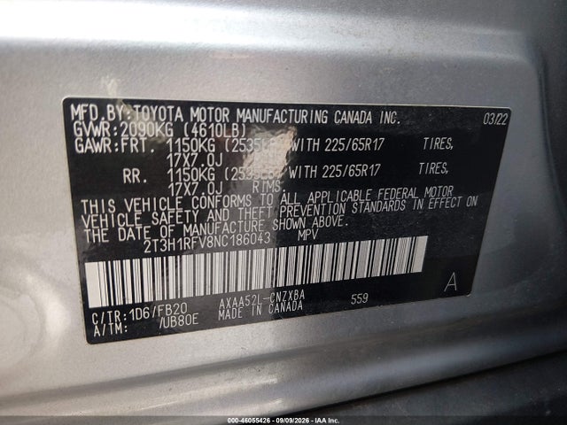 46055426 :رقم المزاد ، 2T3H1RFV8NC186043 vin ، 2022 Toyota Rav4 Le مزاد بيع