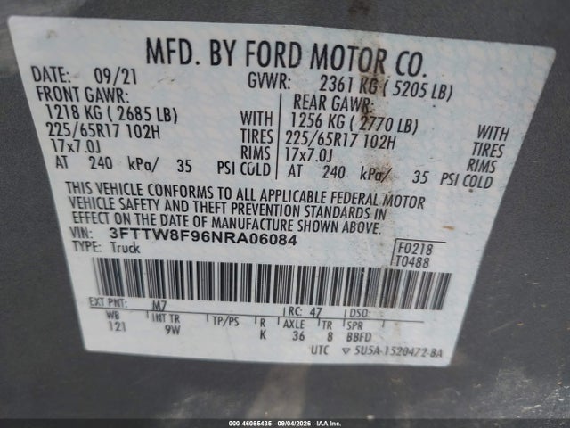 2022 Ford Maverick Xl მანქანა იყიდება აუქციონზე, vin: 3FTTW8F96NRA06084, აუქციონის ნომერი: 46055435