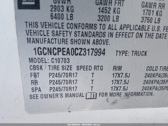 46055443 :رقم المزاد ، 1GCNCPEA0CZ317994 vin ، 2012 Chevrolet Silverado 1500 Work Truck مزاد بيع
