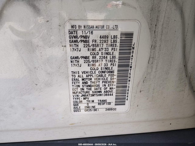 2017 Nissan Rogue S მანქანა იყიდება აუქციონზე, vin: JN8AT2MT5HW136844, აუქციონის ნომერი: 46055444