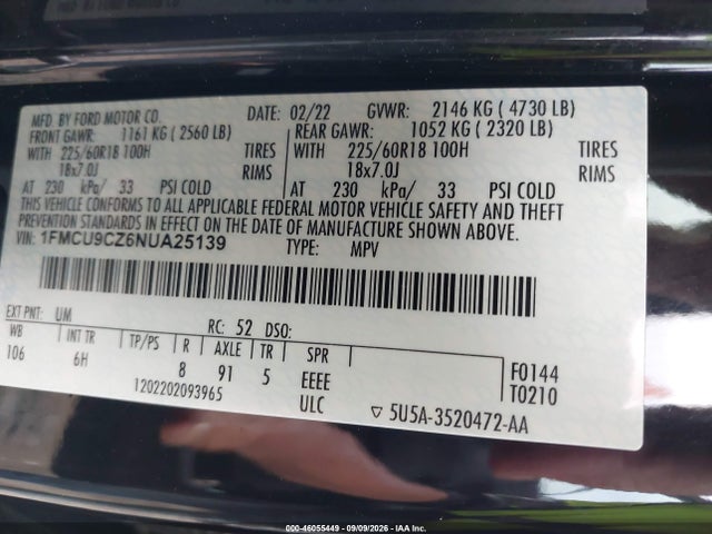 2022 Ford Escape Sel Hybrid მანქანა იყიდება აუქციონზე, vin: 1FMCU9CZ6NUA25139, აუქციონის ნომერი: 46055449