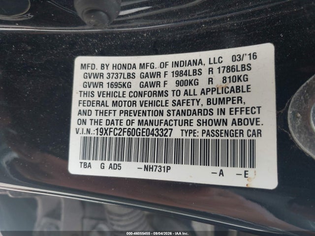 Aukcja sprzedaży 2016 Honda Civic Lx, vin: 19XFC2F60GE043327, numer aukcji: 46055455