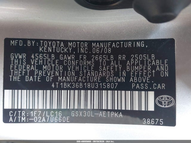 Продаж на аукціоні авто 2008 Toyota Avalon Limited, vin: 4T1BK36B18U315807, номер лоту: 46055468