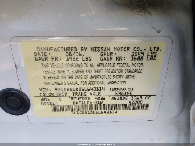 2006 Nissan Sentra 1.8s მანქანა იყიდება აუქციონზე, vin: 3N1CB51D06L643114, აუქციონის ნომერი: 46055475