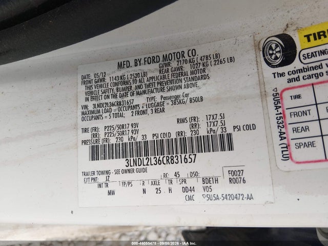 Auction sale of the 2012 Lincoln Mkz Hybrid, vin: 3LNDL2L36CR831657, lot number: 46055478