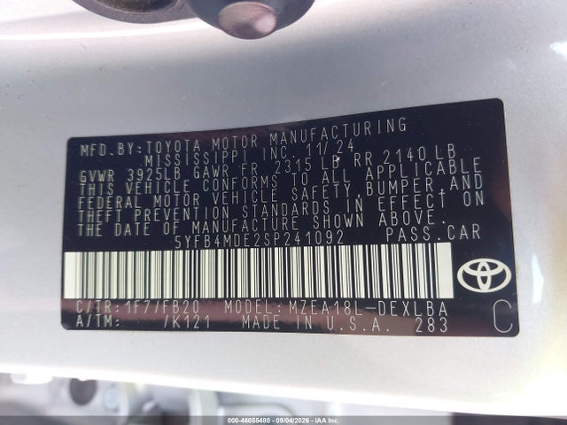 Продаж на аукціоні авто 2025 Toyota Corolla Le, vin: 5YFB4MDE2SP241092, номер лоту: 46055480