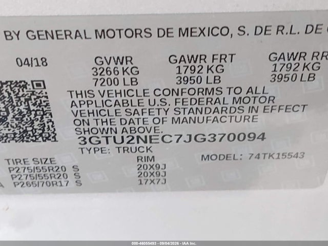 Aukcja sprzedaży 2018 Gmc Sierra 1500 Slt, vin: 3GTU2NEC7JG370094, numer aukcji: 46055493