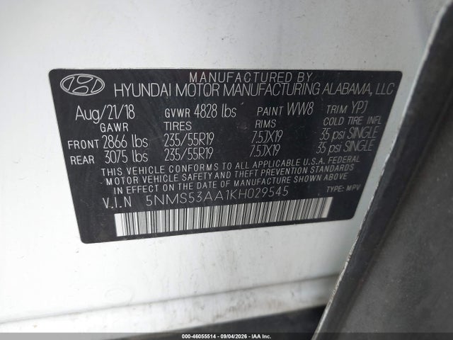Продаж на аукціоні авто 2019 Hyundai Santa Fe Ultimate 2.0t, vin: 5NMS53AA1KH029545, номер лоту: 46055514