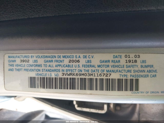 46055515 :رقم المزاد ، 3VWRK69M03M116727 vin ، 2003 Volkswagen Jetta Gl مزاد بيع