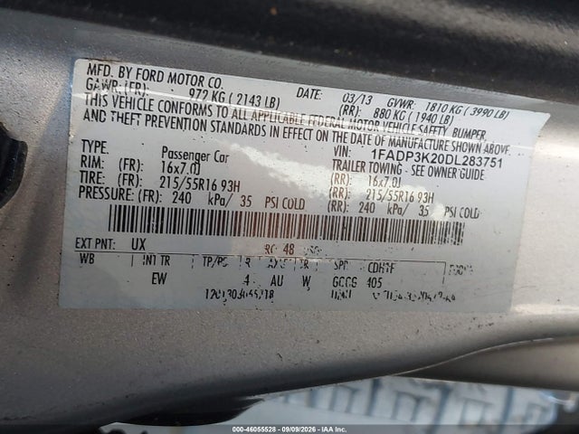46055528 :رقم المزاد ، 1FADP3K20DL283751 vin ، 2013 Ford Focus Se مزاد بيع