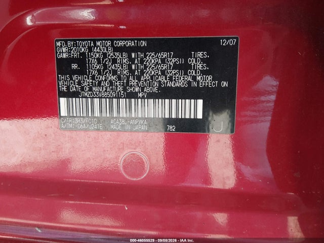 2008 Toyota Rav4 მანქანა იყიდება აუქციონზე, vin: JTMZD33V885091151, აუქციონის ნომერი: 46055529