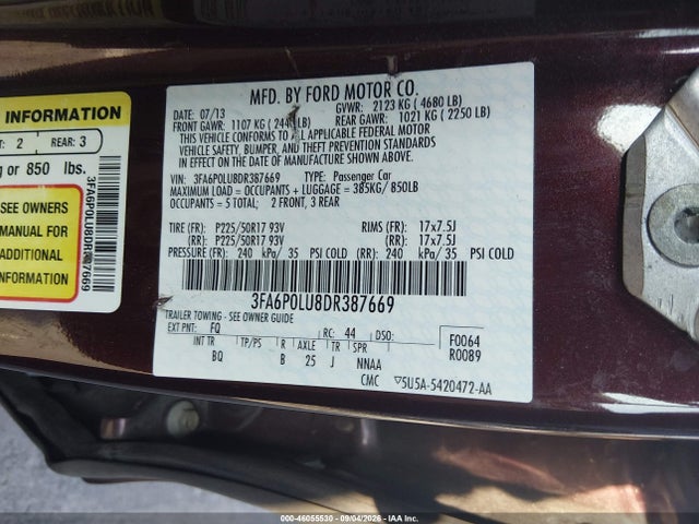 46055530 :رقم المزاد ، 3FA6P0LU8DR387669 vin ، 2013 Ford Fusion Hybrid Se مزاد بيع