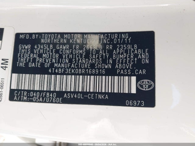 2011 Toyota Camry Le მანქანა იყიდება აუქციონზე, vin: 4T4BF3EK0BR168916, აუქციონის ნომერი: 46055540