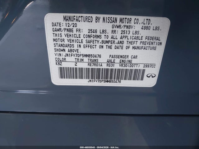 46055548 :رقم المزاد ، JN1FV7DP5MM850476 vin ، 2021 Infiniti Q50 Red Sport 400 مزاد بيع