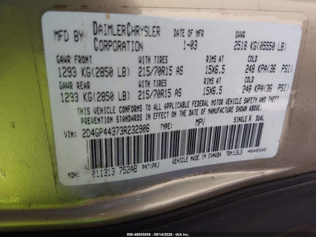 Aukcja sprzedaży 2003 Dodge Grand Caravan Sport, vin: 2D4GP44373R232906, numer aukcji: 46055559