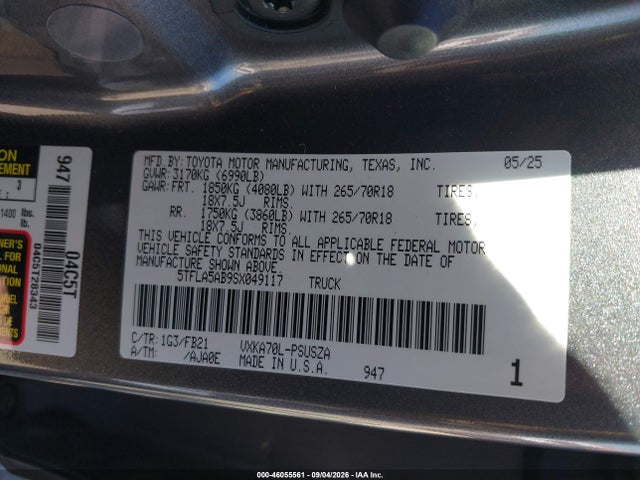 Продаж на аукціоні авто 2025 Toyota Tundra Sr5, vin: 5TFLA5AB9SX049117, номер лоту: 46055561