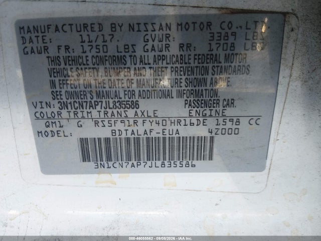 46055562 :رقم المزاد ، 3N1CN7AP7JL835586 vin ، 2018 Nissan Versa 1.6 S مزاد بيع