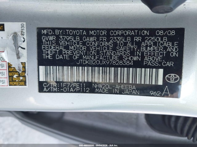 Aukcja sprzedaży 2009 Toyota Prius, vin: JTDKB20UX97828384, numer aukcji: 46055586
