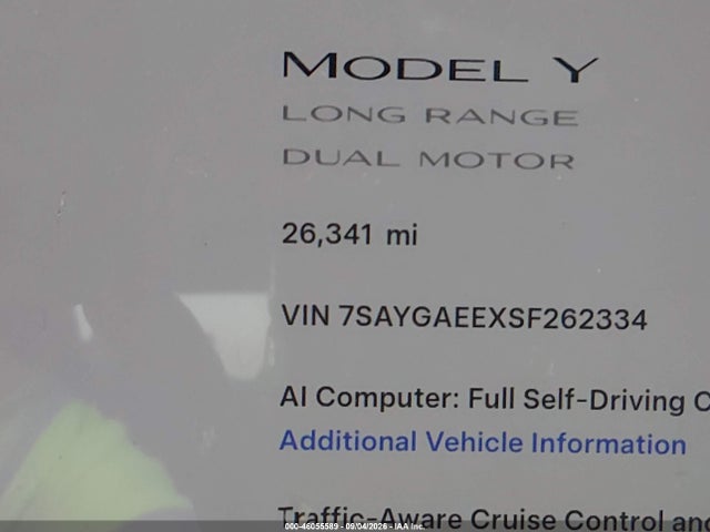 Продаж на аукціоні авто 2025 Tesla Model Y Long Range Dual Motor All-wheel Drive, vin: 7SAYGAEEXSF262334, номер лоту: 46055589