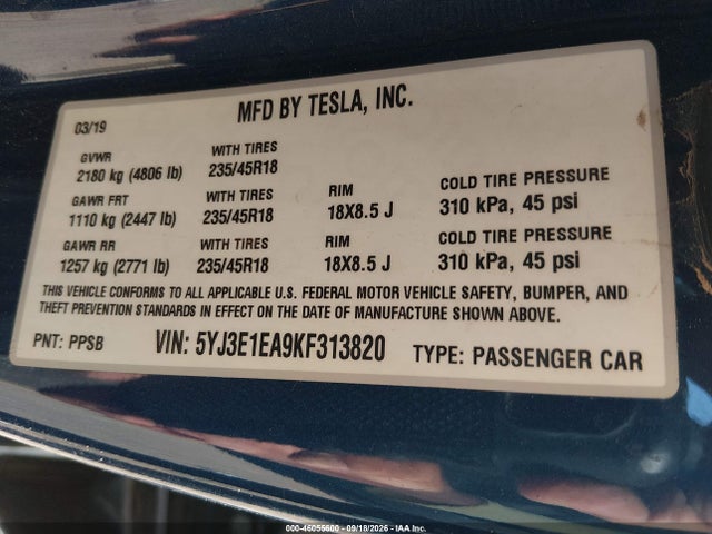 Aukcja sprzedaży 2019 Tesla Model 3 Long Range/mid Range/standard Range/standard Range Plus, vin: 5YJ3E1EA9KF313820, numer aukcji: 46055600