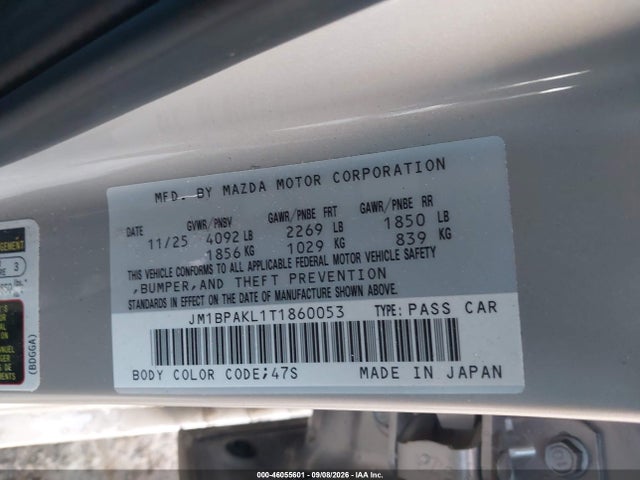 2026 Mazda Mazda3 2.5 S Select Sport მანქანა იყიდება აუქციონზე, vin: JM1BPAKL1T1860053, აუქციონის ნომერი: 46055601