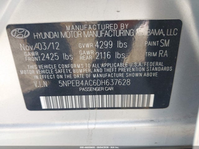 Aukcja sprzedaży 2013 Hyundai Sonata Gls, vin: 5NPEB4AC6DH637628, numer aukcji: 46055605