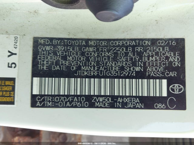 2016 Toyota Prius Two მანქანა იყიდება აუქციონზე, vin: JTDKBRFU1G3512974, აუქციონის ნომერი: 46055615