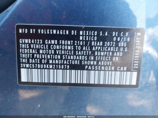 46055622 :رقم المزاد ، 3VWC57BU9KM215879 vin ، 2019 Volkswagen Jetta 1.4t R-line/1.4t S/1.4t Se مزاد بيع