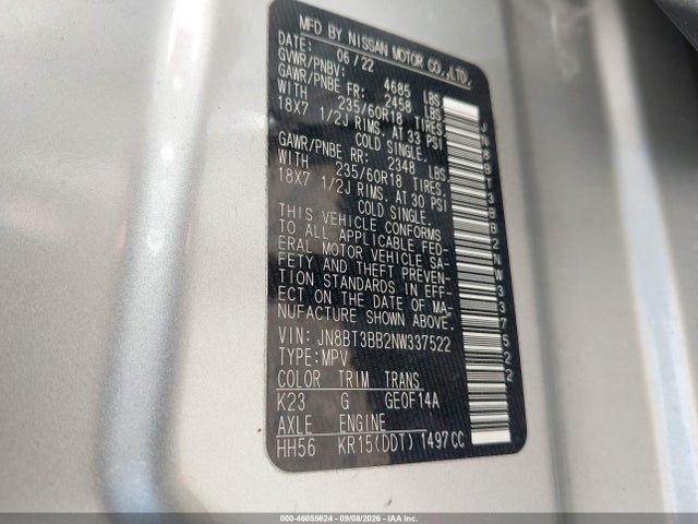 46055624 :رقم المزاد ، JN8BT3BB2NW337522 vin ، 2022 Nissan Rogue Sv Intelligent Awd مزاد بيع