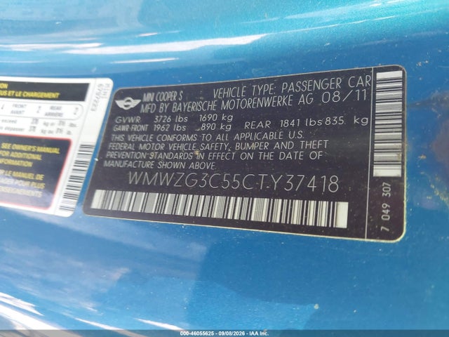 2012 Mini Cooper S Clubman მანქანა იყიდება აუქციონზე, vin: WMWZG3C55CTY37418, აუქციონის ნომერი: 46055625