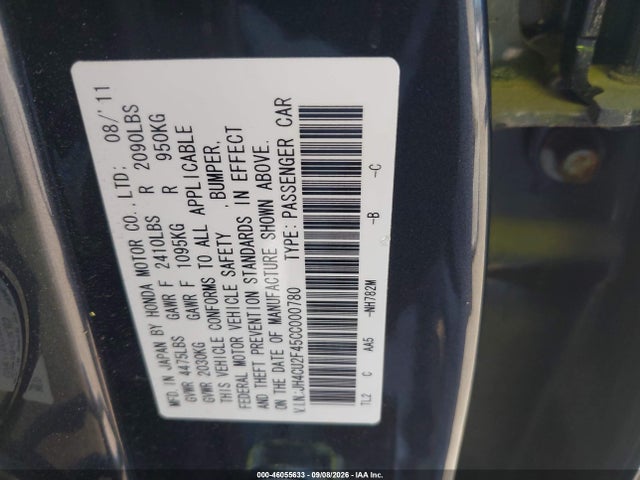 46055633 :رقم المزاد ، JH4CU2F45CC000780 vin ، 2012 Acura Tsx 2.4 مزاد بيع