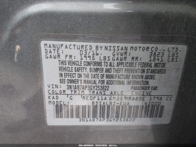 Продажа на аукционе авто 2016 Nissan Sentra S, vin: 3N1AB7AP3GY253822, номер лота: 46055640
