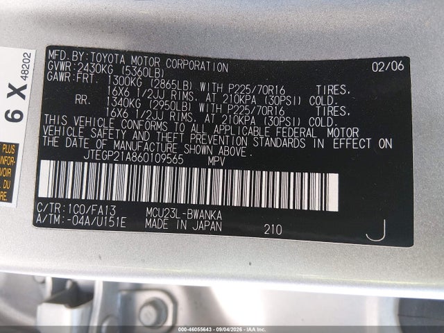 Aukcja sprzedaży 2006 Toyota Highlander V6, vin: JTEGP21A860109565, numer aukcji: 46055643