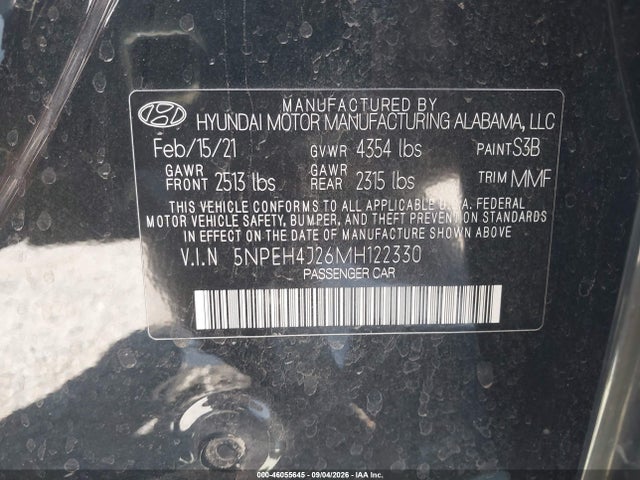 Продажа на аукционе авто 2021 Hyundai Sonata Limited, vin: 5NPEH4J26MH122330, номер лота: 46055645
