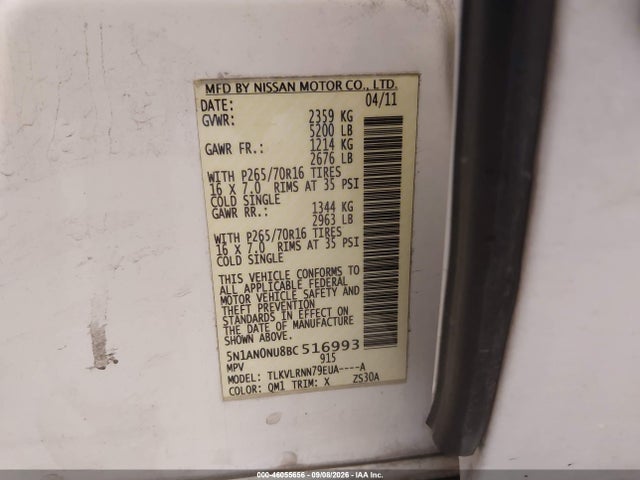 Aukcja sprzedaży 2011 Nissan Xterra S, vin: 5N1AN0NU8BC516993, numer aukcji: 46055656