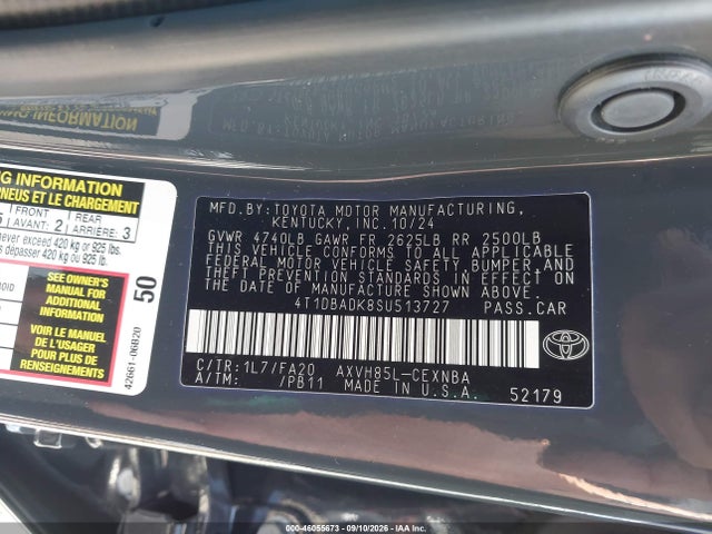 2025 Toyota Camry Le მანქანა იყიდება აუქციონზე, vin: 4T1DBADK8SU513727, აუქციონის ნომერი: 46055673