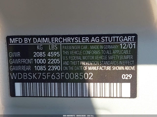 Aukcja sprzedaży 2003 Mercedes-benz Sl 500, vin: WDBSK75F63F008502, numer aukcji: 46055675
