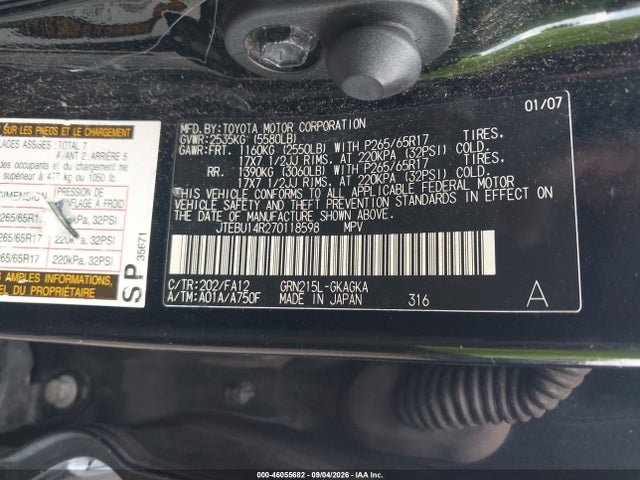2007 Toyota 4runner Sr5 V6 მანქანა იყიდება აუქციონზე, vin: JTEBU14R270118598, აუქციონის ნომერი: 46055682