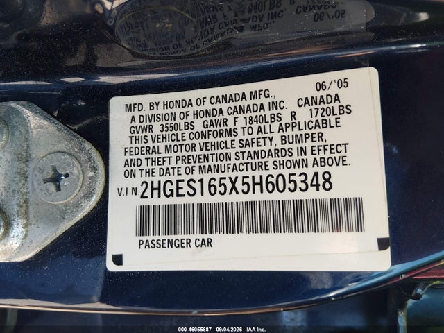 46055687 :رقم المزاد ، 2HGES165X5H605348 vin ، 2005 Honda Civic Lx مزاد بيع
