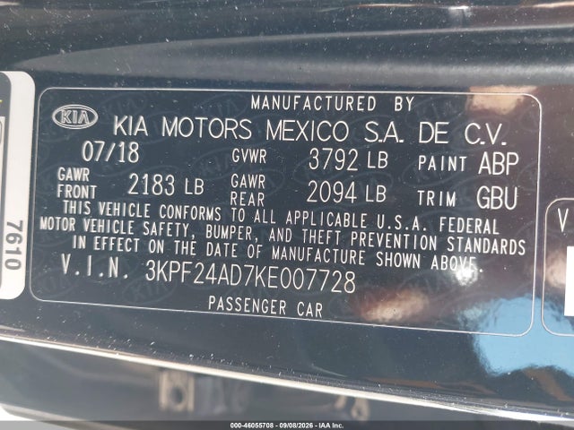 Aukcja sprzedaży 2019 Kia Forte Lxs, vin: 3KPF24AD7KE007728, numer aukcji: 46055708