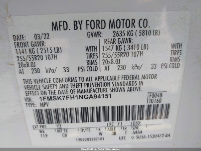 2022 Ford Explorer Limited მანქანა იყიდება აუქციონზე, vin: 1FMSK7FH1NGA94151, აუქციონის ნომერი: 46055714