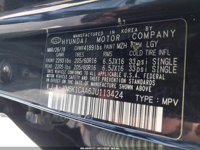 Продажа на аукционе авто 2018 Hyundai Kona Se, vin: KM8K1CAA6JU113424, номер лота: 46055717
